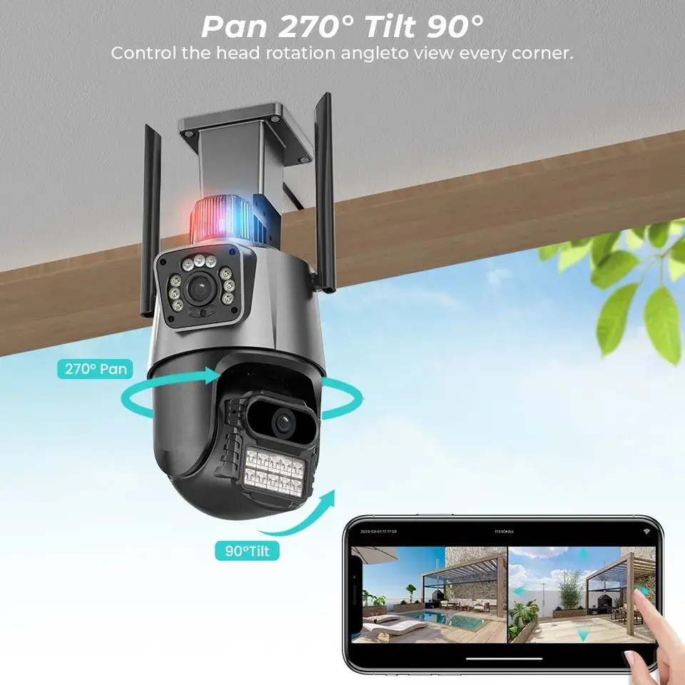 Уличная охранная поворотная WIFI камера Dual Lens Zoom 8MP сирена, зум, удаленным доступом онлайн — изображение 2
