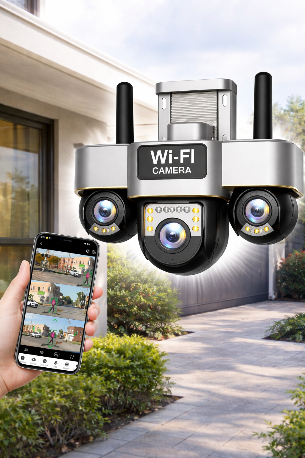 Уличная Wi-Fi камера видеонаблюдения 15MP, 3 объектива / Поворотная камера наблюдения / Smart Net Camera SC28 V380 PRO