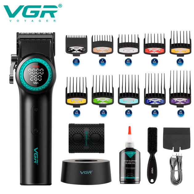 Аккумуляторная машинка для стрижки VGR V-001, 10 насадок, 9000 RPM, АКБ 4600 mAh, LED дисплей — изображение 4