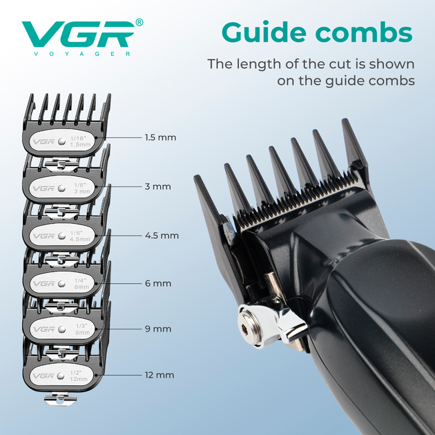 Аккумуляторная машинка для стрижки VGR V-662 GREEN, 7000 RPM, 6 насадок, LED дисплей — изображение 6