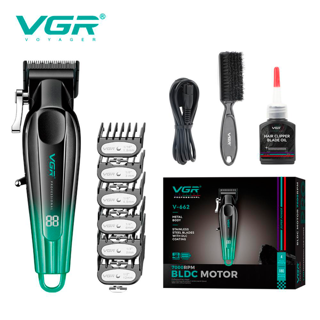 Аккумуляторная машинка для стрижки VGR V-662 GREEN, 7000 RPM, 6 насадок, LED дисплей — изображение 2