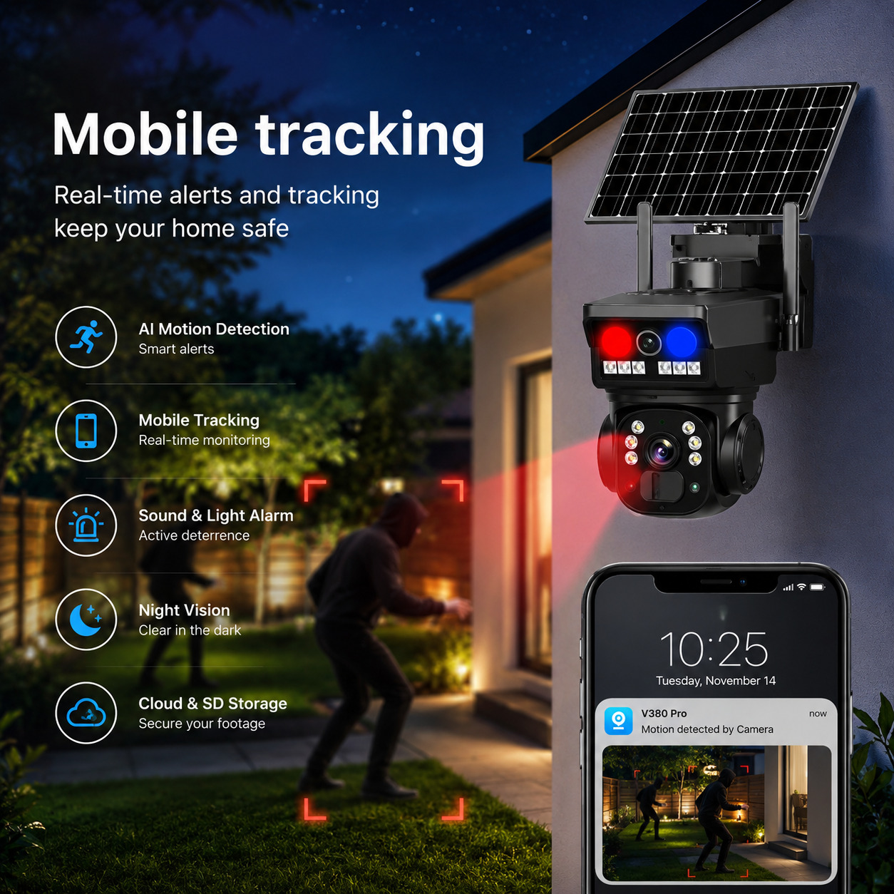 Уличная IP-камера 4G 2 независимые объективы 2MP+2MP / Автономная 4G камера на солнечной панели с двойным датчиком движения V360 Pro — изображение 4
